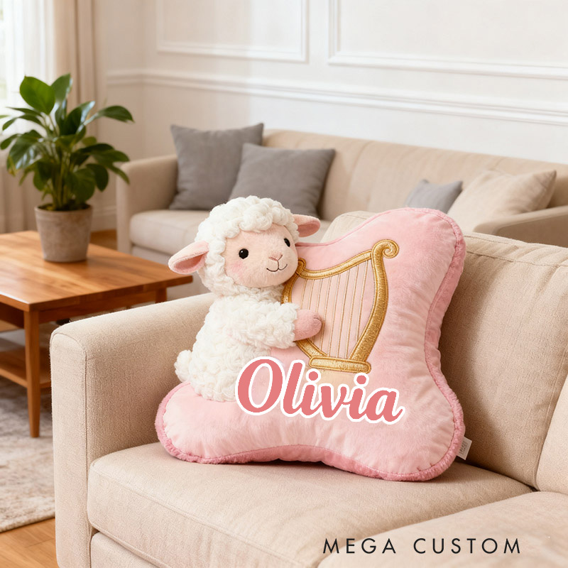 Personalized Graphic 3D Print Pink-White Sheep & Harp Pillow With Your Own Name Soft Stuffed Toy for Kids Unique Decorative Cushion for Girls' Room
