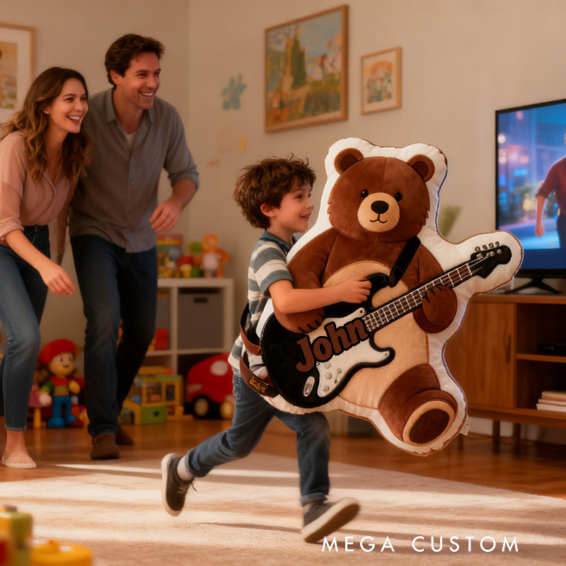 Personalized Graphic 3D Print Brown Bear & Electric Guitar Pillow With Your Own Name Soft Stuffed Toy for Kids Unique Decorative Cushion for Boys' Room and Playroom