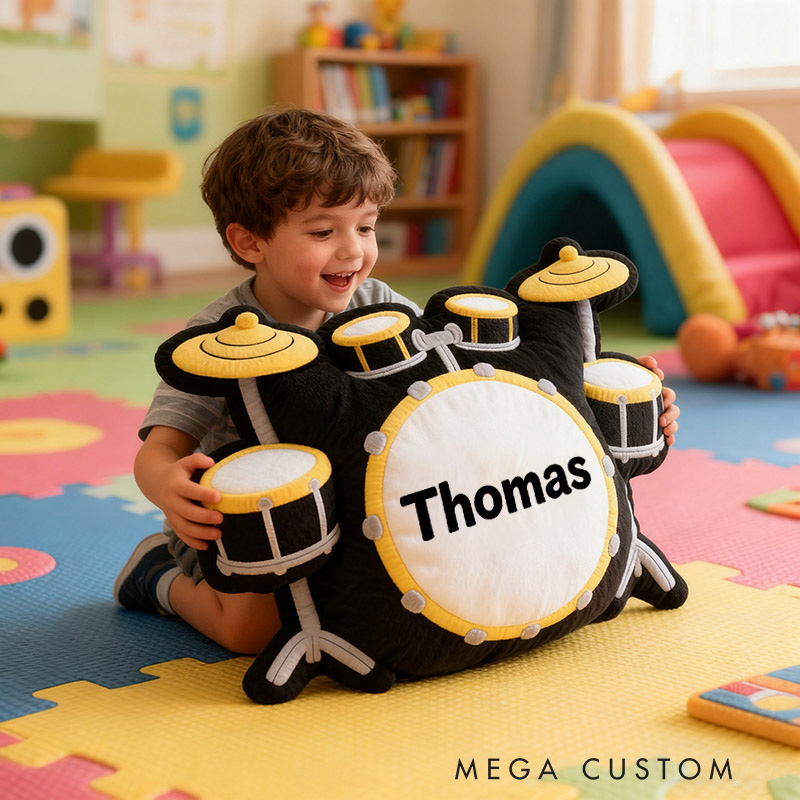 Personalized Graphic 3D Print Drum Set Pillow With Your Own Name Soft Stuffed Toy for Kids Unique Decorative Cushion for Boys' Room and Music Room