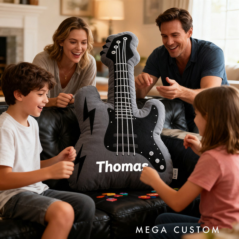 Personalized Graphic 3D Print Electric Guitar Pillow With Your Own Name Soft Stuffed Toy for Rock Music Lovers Unique Decorative Cushion for Boys' Room and Music Room