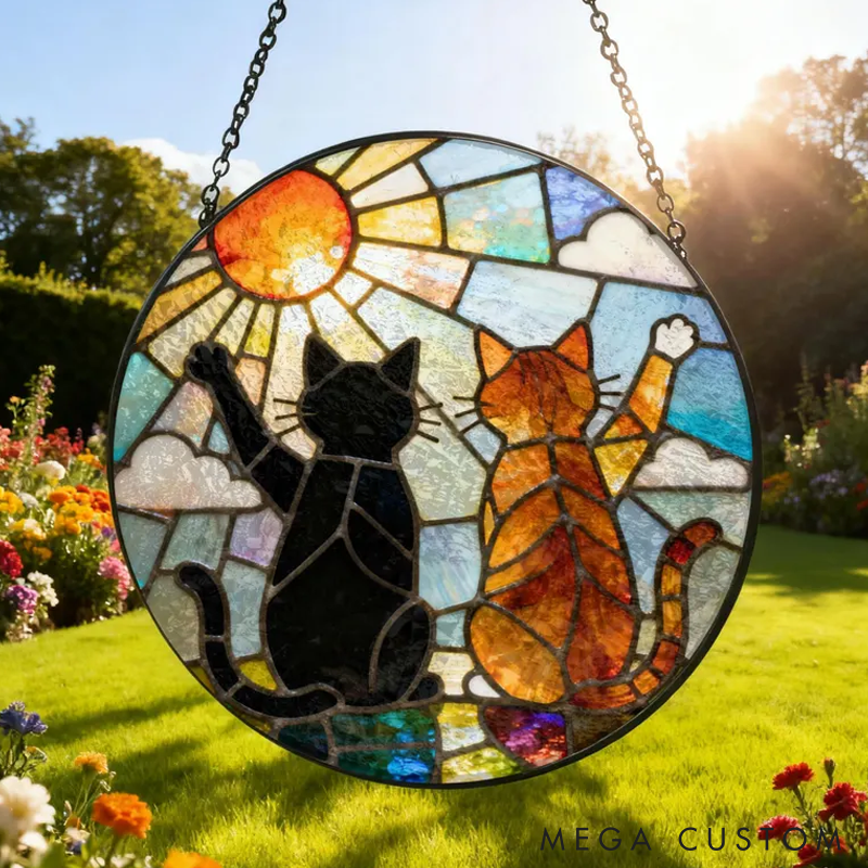 Personalized Cat Lover Charming Black Orange Cat Couple Sun Catcher