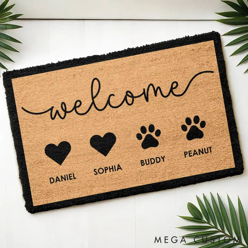 Personalized Pet Lover Welcome Family Heart Pawprints Doormat