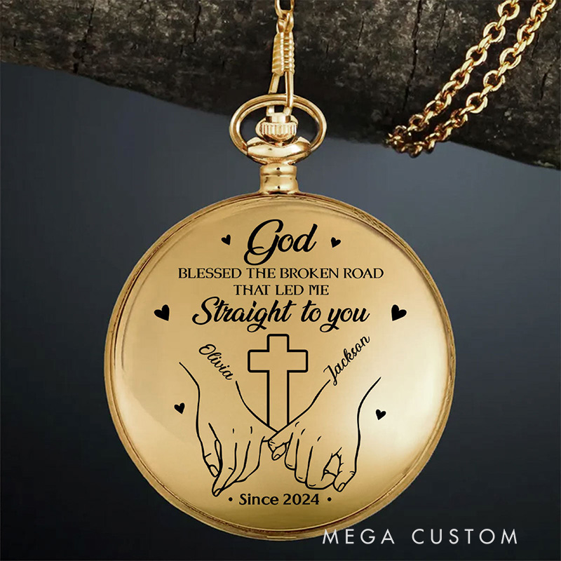 Personalized God Blessed the Broken Road that Led me Straight to you Pocket Watch with Custom Name Cross Pocket Watch Religious Gift for Couple Valentine's Day Gift