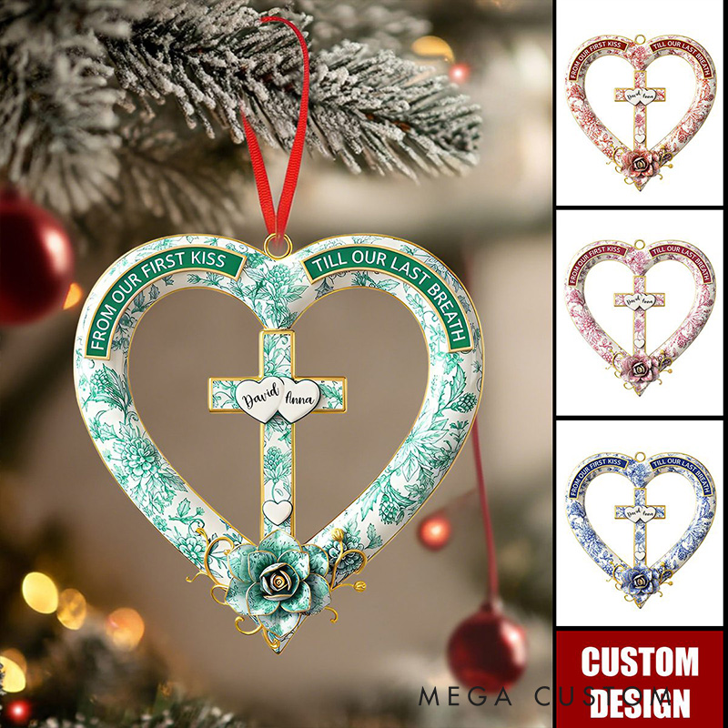 Personalized from Our First Kiss till Our Last Breath Heart Cross Shape Acrylic Ornament with Name Religious Gift Valentine Gift for Couple