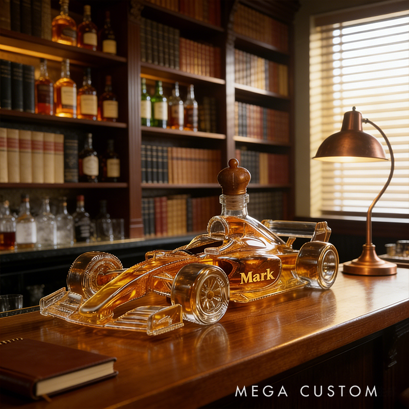 Personalized Racecar Whiskey Decanter Custom Name Glass Car Bottle Gift for Racing and Whiskey Lovers