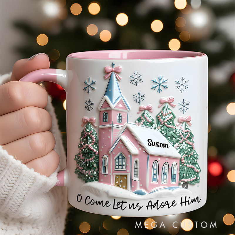 Personalized Come Let us Adore him Ceramic Mug with Name Religious Inspirational Gift Christian Gift Christmas Gift for Women and Girls