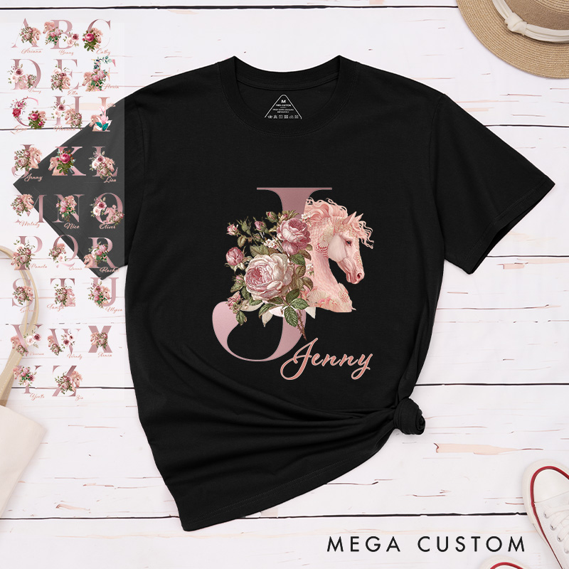 Personalized Horse Riding Initial Name Classic T-shirt for Women for Girls for Horse Lovers Riding Lovers Equestrian Lovers
