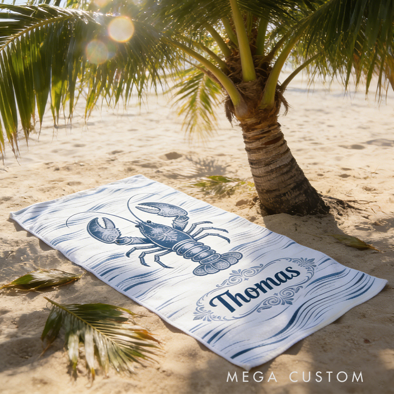 Personalized Custom Ocean Animal Beach Towel - Personalized lobster Monogrammed Beach Towel for Kids & Adults, Quick-Dry Beach Pool Towel with Coastal Wave Design