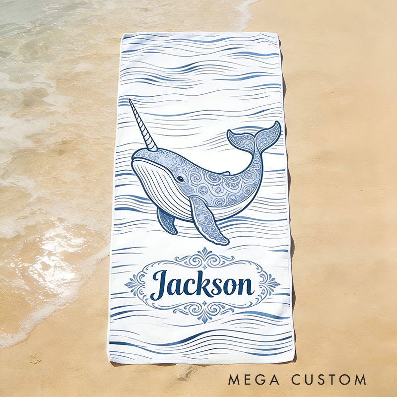 Personalized Custom Ocean Animal Beach Towel - Personalized whale Monogrammed Beach Towel for Kids & Adults, Quick-Dry Beach Pool Towel with Coastal Wave Design