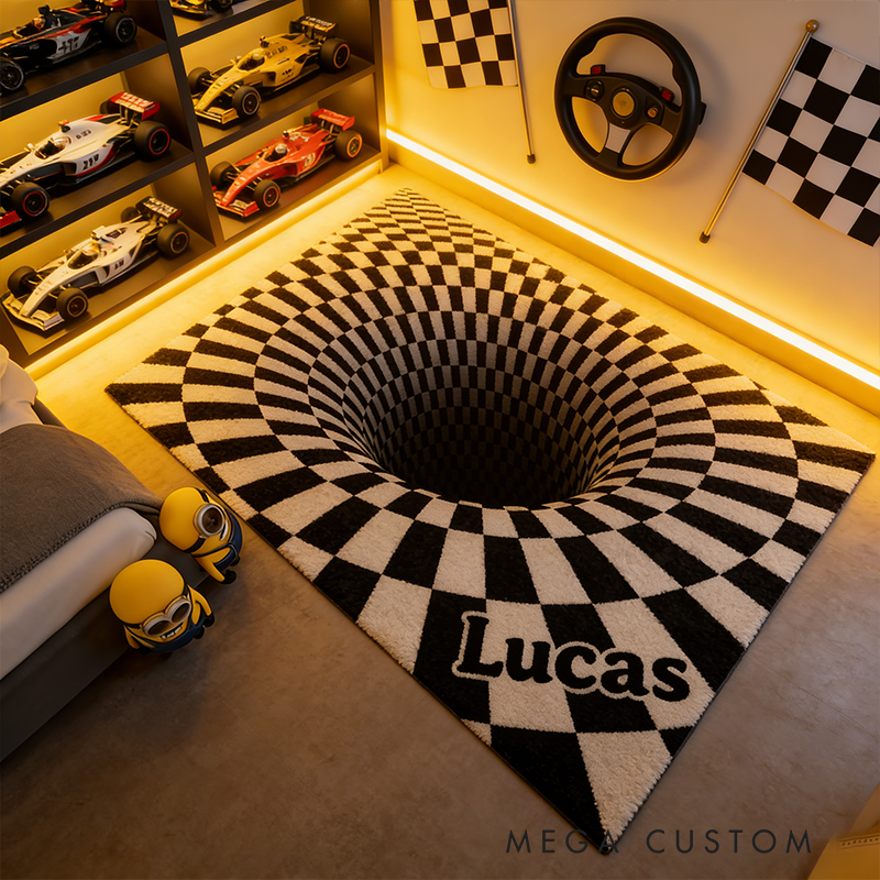 Personalized Race Track 3D Checkered Rug Custom Name Trippy Hole Carpet Racing Style Floor Mat for Racers Room and Racing Enthusiasts