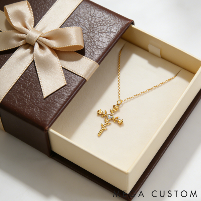 Personalized Sterling Silver Double Sided Cross with Rose Name and Birthstone Engraved Necklace