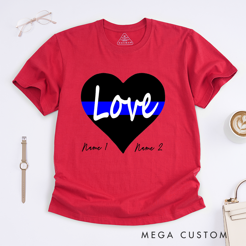 Personalized Police Love with Thin Blue Line Heart Design Gift for Wife Police Officer T-Shirt