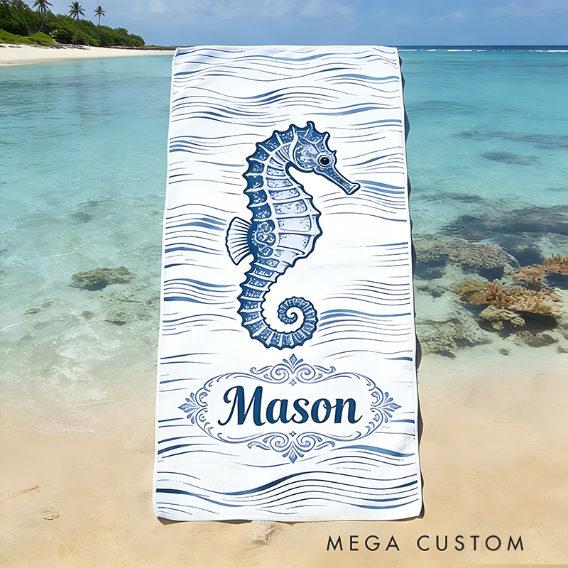 Personalized Custom Seahorse Beach Towel - Personalized Monogrammed Coastal Wave Towel, Quick-Dry Absorbent Pool/Beach Towel