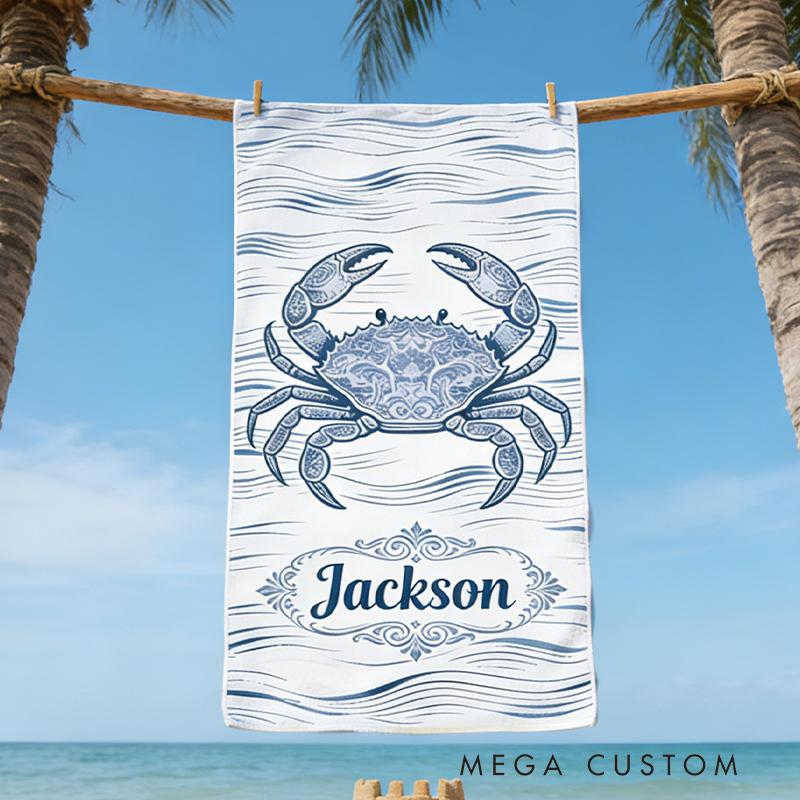 Personalized Custom Ocean Animal Beach Towel - Personalized Crab Monogrammed Beach Towel for Kids & Adults, Quick-Dry Beach Pool Towel with Coastal Wave Design