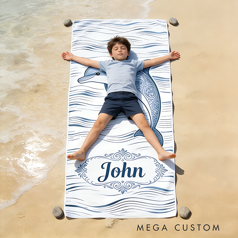 Personalized Custom Ocean Animal Beach Towel - Personalized dolphin Monogrammed Beach Towel for Kids & Adults, Quick-Dry Beach Pool Towel with Coastal Wave Design