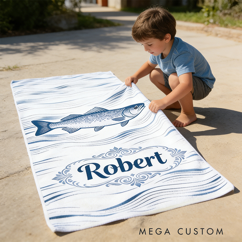Personalized Custom Ocean Animal Beach Towel - Personalized Striped Bass Monogrammed Beach Towel for Kids & Adults, Quick-Dry Beach Pool Towel with Coastal Wave Design
