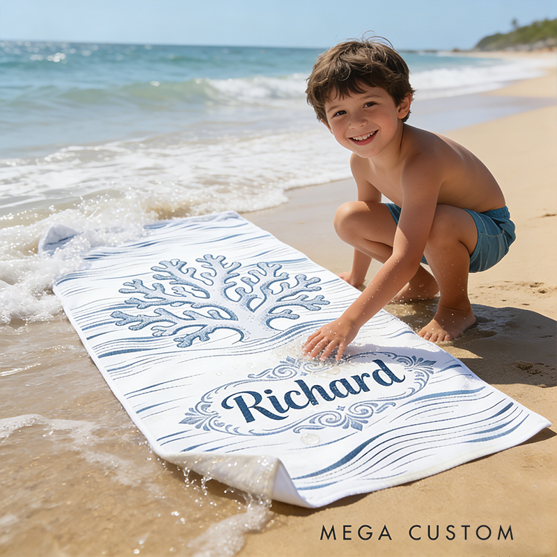Personalized Custom Ocean Animal Beach Towel - Personalized coral  Monogrammed Beach Towel for Kids & Adults, Quick-Dry Beach Pool Towel with Coastal Wave Design