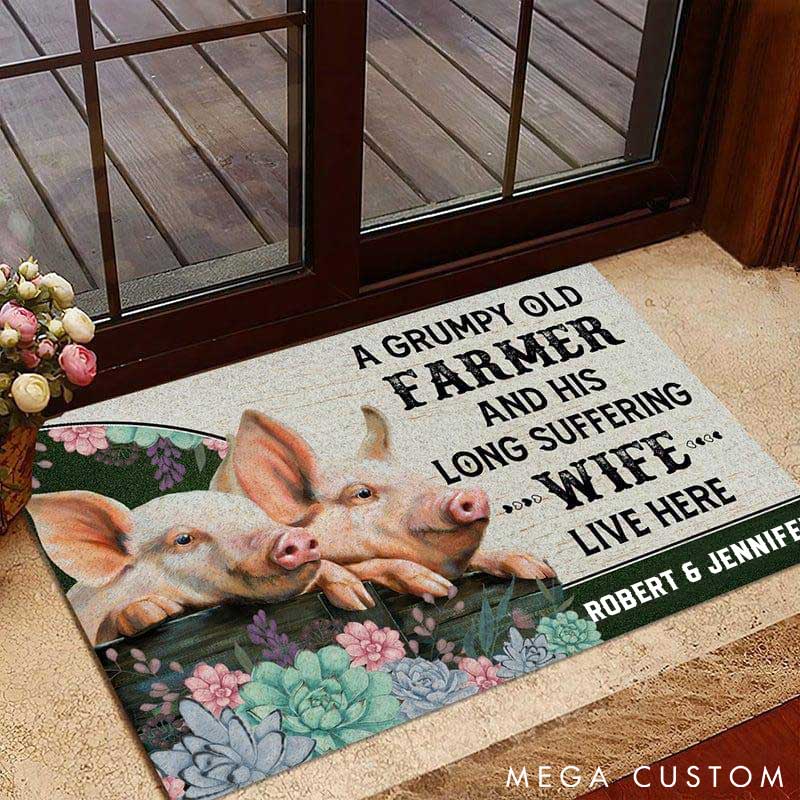 Personalized Piggy Farmer Couple Doormat Grumpy Farmer and Long-Suffering Wife Couple Farm Door Mat Couple Piggy Love Mat 