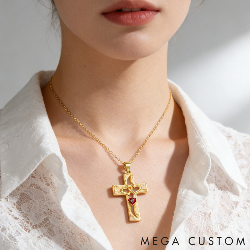 Personalized Sterling Silver Cross Interlocking Hearts Name and Birthstone Necklace