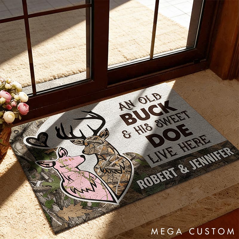 Personalized Deer Couple Doormat An Old Buck and His Sweet Doe Deer Camo Old Buck Sweet Doe Doormat with Name Couple Gift