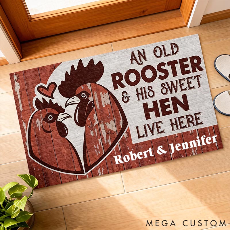 Personalized Name Chicken Couple Doormat Rooster And Hen Live Here Doormat Couple Funny Gift Chicken Couple Doormat 