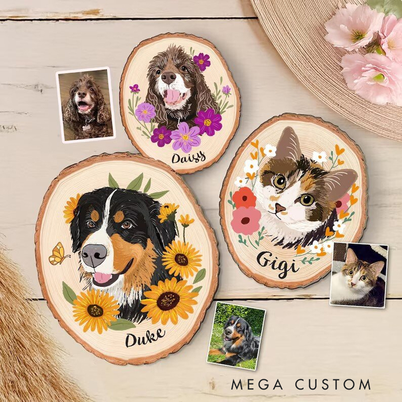 Personalized Custom Pet Portrait on Wood Slice Personalized Pet Painting from Photo Floral Themed Pet Keepsake Gift for Pet Lovers