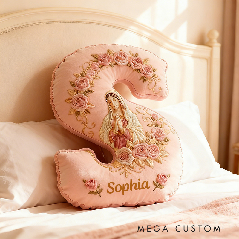 Personalized Virgin Mary Rose Pink Letter Pillow with Custom Name Graphic 3D Print Pillow Religious Home Decor Catholic Gift for Women