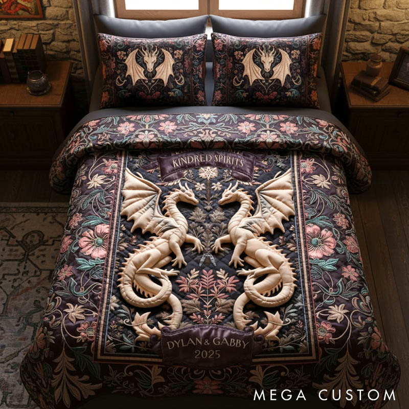 Personalized Couple Folk Medieval Dragon Bed Set Custom Kindred Spirits Graphic 3D Printed Bedding Decor with Name Anniversary Valentines Day Gift