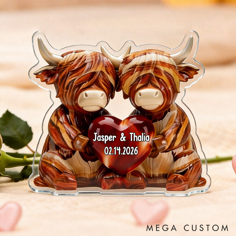 Personalized Highland Cow Couple with Heart Acrylic Plaque Custom Faux Wood Plaque with Name Anniversary Gift for Him Her Valentines Day Gift