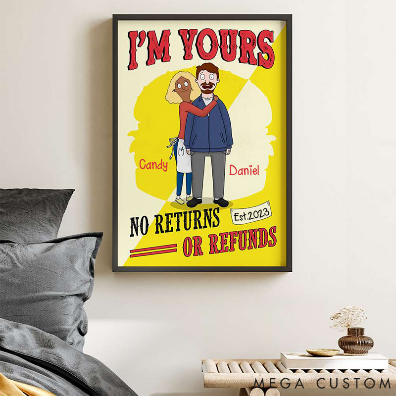 Personalized Gifts for Couple Canvas Print I'm Yours Custom Cartoon Couple Poster No Returns or Refunds Couple Valentines Gift