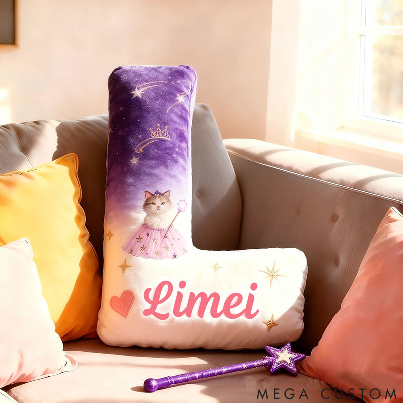 Personalized Cat Lover Princess Letter Pillow with Custom Name Pillow for Kid Graphic 3D Print