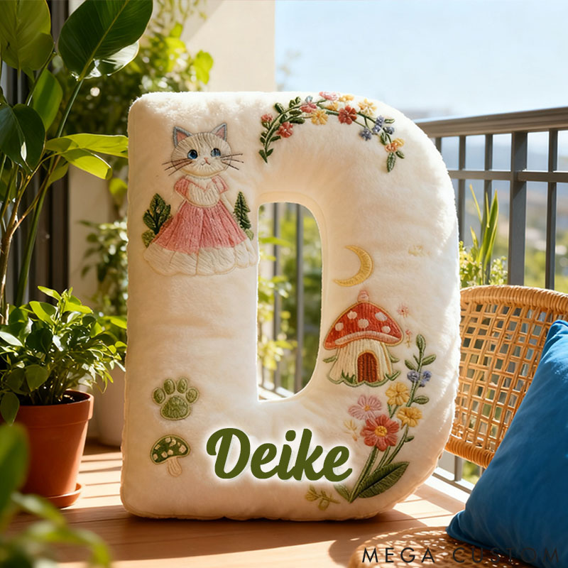 Personalized Cat Lover Mushroom House Forest Flower Letter Pillow with Custom Name Pillow for Kid Graphic 3D Print