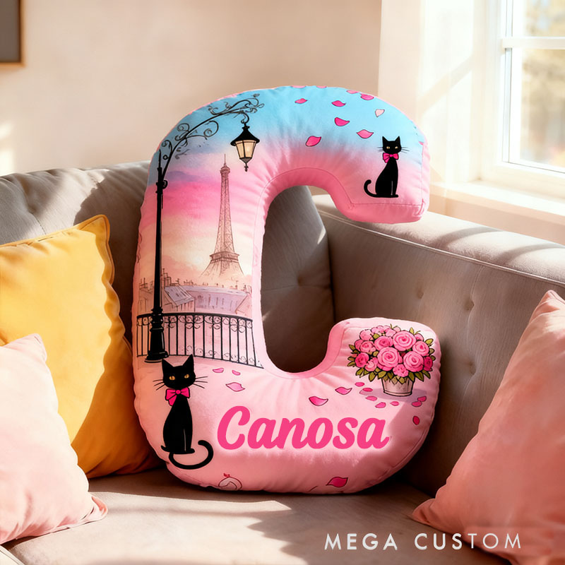 Personalized Cat Lover Flowers Black Cat Letter Pillow with Custom Name Graphic 3D Print