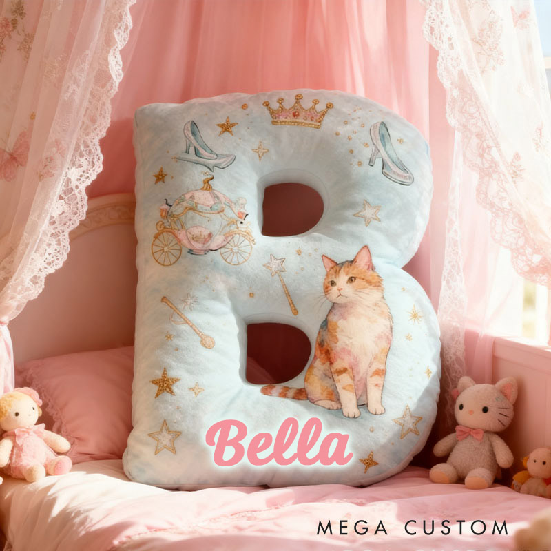 Personalized Cat Lover Crown Crystal Shoes Pumpkin Carriage Letter Pillow with Custom Name Graphic 3D Print