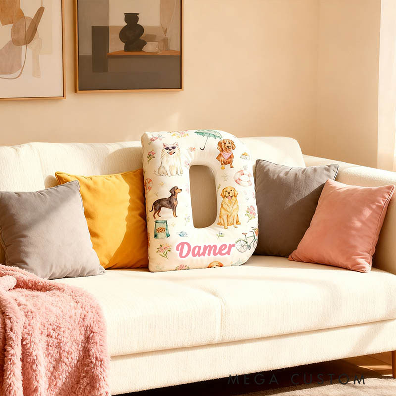 Personalized Dog Lover Swimming Ring Flower Letter Pillow with Custom Name Graphic 3D Print