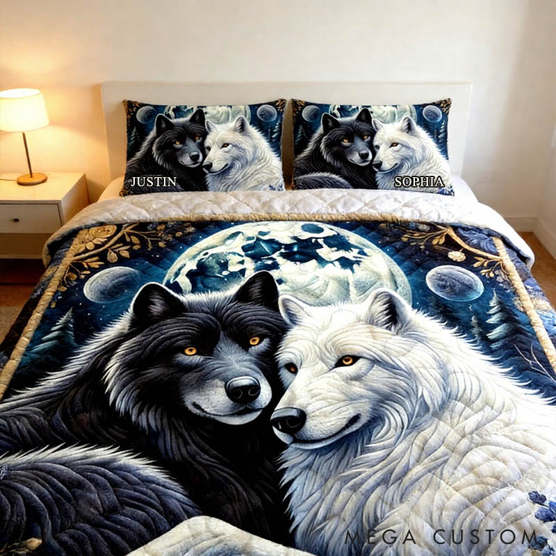 Personalized Couple Wolf Bed Set Custom Forest Moon Wolf Couple Graphic 3D Printed Bedding Decor with Name Anniversary Valentines Day Gift for Her Him