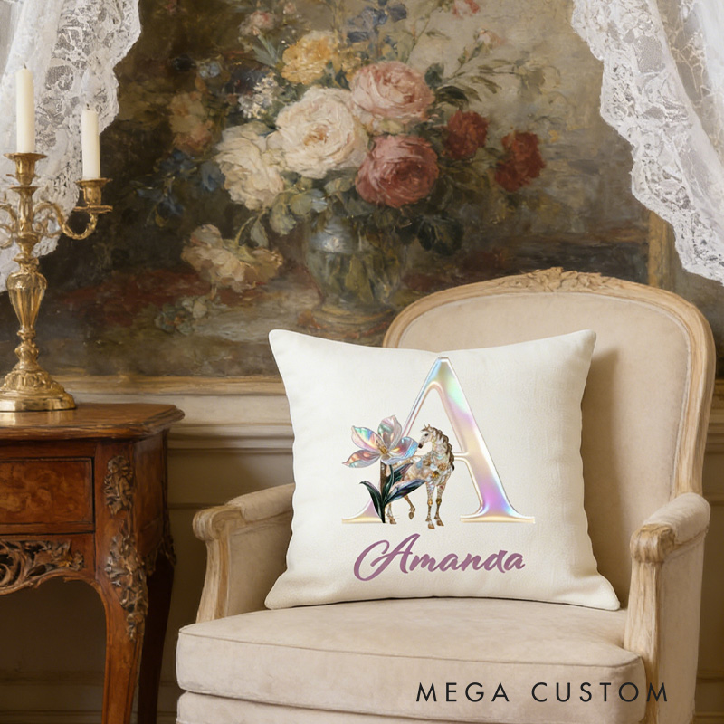 Personalized Horse Riding Birth Flower Initial Throw Pillow Cover with Name Home Decor Birthday Anniversary Gift for Horse Owner Lover Riding Lovers Equestrian Lovers