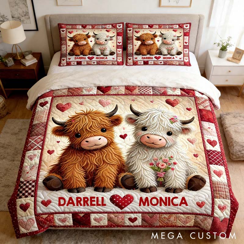 Personalized Couple Highland Cow Bed Set Custom Couple Valentines Day Graphic 3D Printed Bedding Decor with Name Anniversary Gift for Her Him