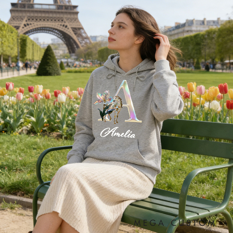 Personalized Horse Riding Birth Flower Initial Hoodie with Name Birthday Gift Sweatshirt for Horse Lovers Riding Lovers Equestrian Lovers