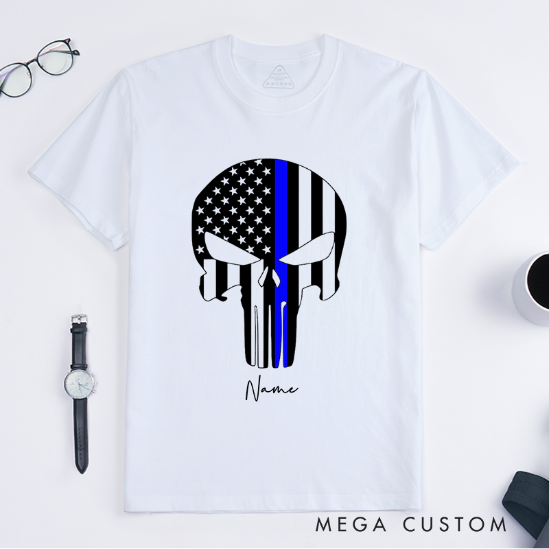 Personalized Thin Blue Line Punisher Skull Design Gift for Police Officer T-Shirt