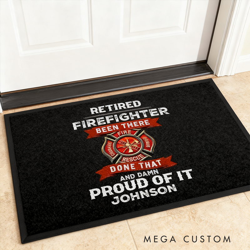 Personalized Retired Firefighter Door Mat Custom Name Front Entrance Rug Gift for Firefighters and Veterans