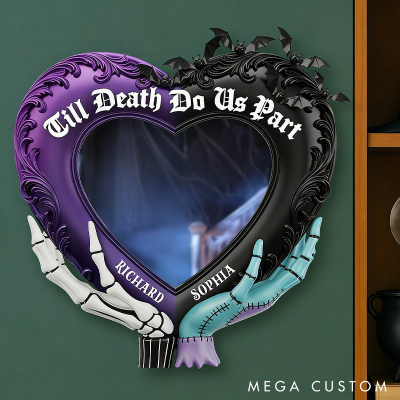 Personalized Couple Spooky Till Death Do Us Part Mirror Custom Heart Shaped Graphic 3D Printed Mirror with Name Valentines Day Anniversary Gift