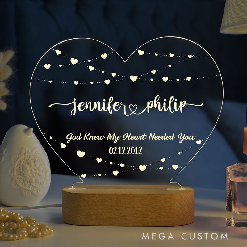 Personalized God Knew My Heart Needed You LED Night Light with Name & Date Heart Shaped Lamp Valentines Day Gift Anniversary Gift for Couple