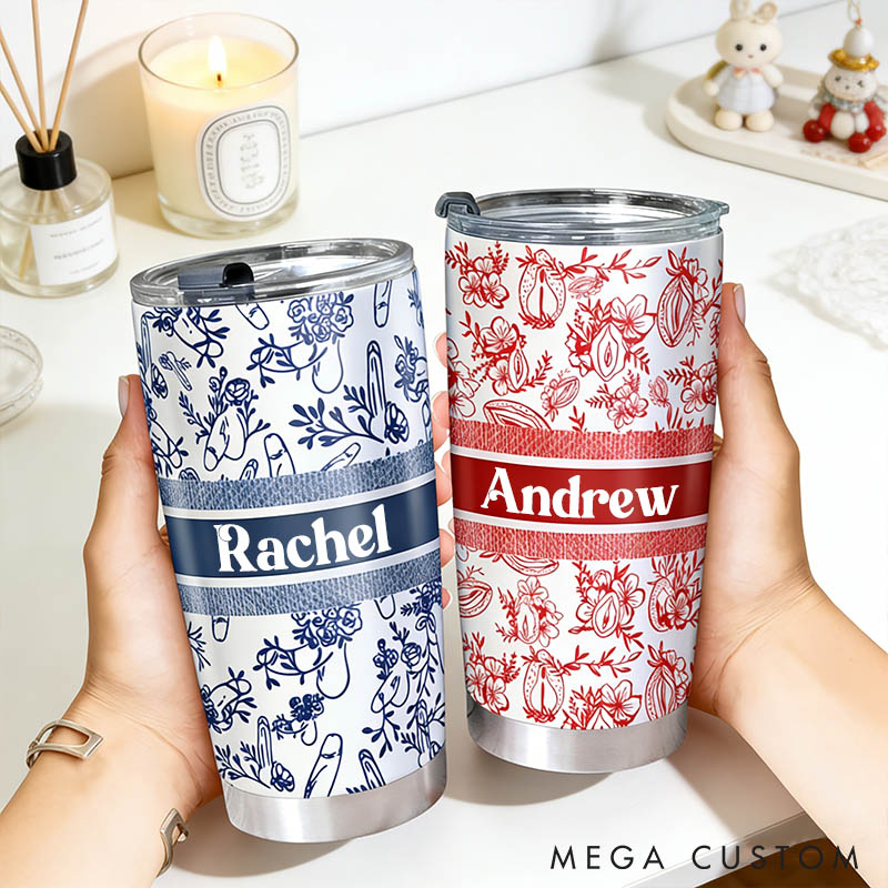 Personalized Couple Funny Toile De Jouy Genitals Pattern 20oz Tumbler Custom Couple Tumbler with Name Valentines Day Anniversary Gift for Him Her