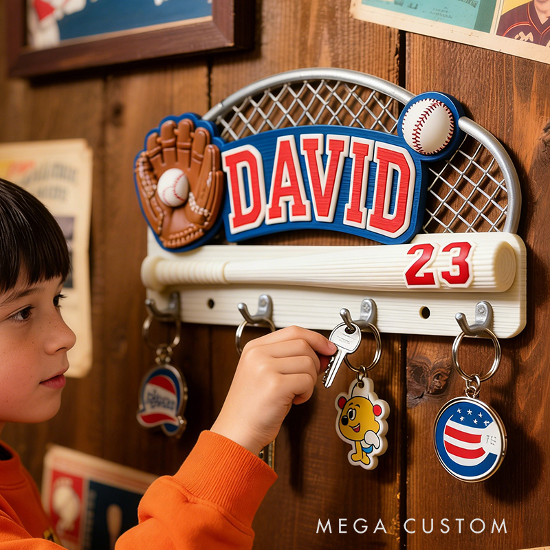 Personalized Custom Baseball Theme Key Holder - 3D Printed Personalized Name & Number Hook Rack, Sports Decor for Kids’ Room, Baseball Fan Gift 