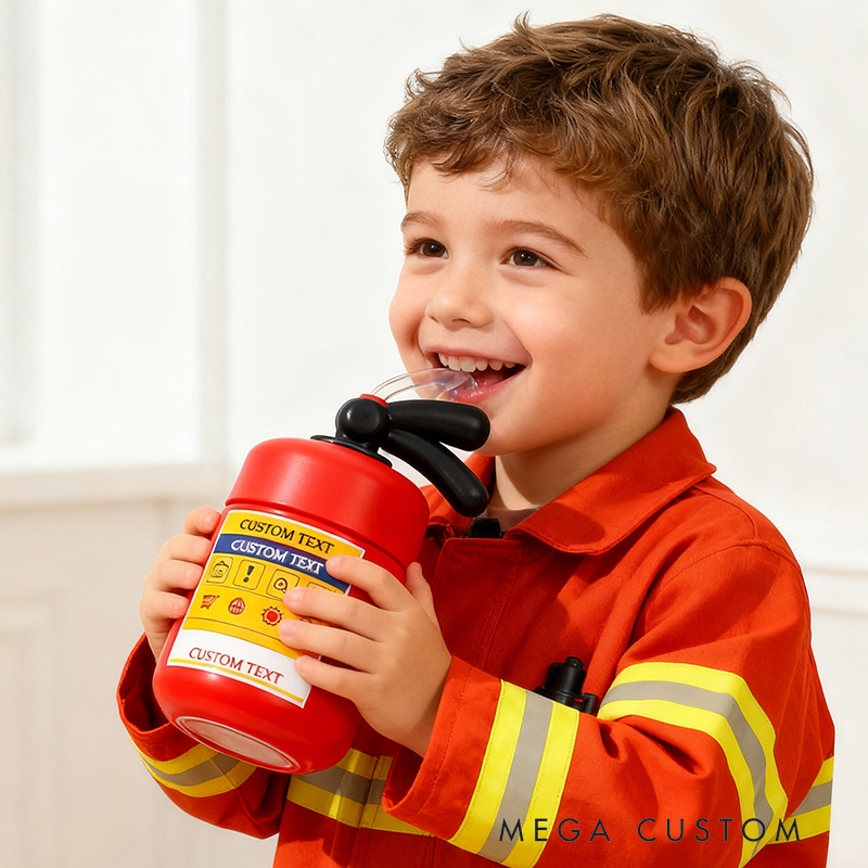 Personalized Custom Fire Extinguisher Shaped Straw Cup - Novelty Kids Water Bottle, Personalized Text Reusable Tumbler, Fun Firefighter Themed Drinkware for Boys/Girls