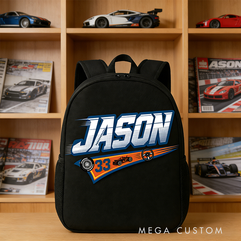 Personalized Racing Backpack Custom Name and Number School Bag Gift for Car Lovers and Motorsport Fans
