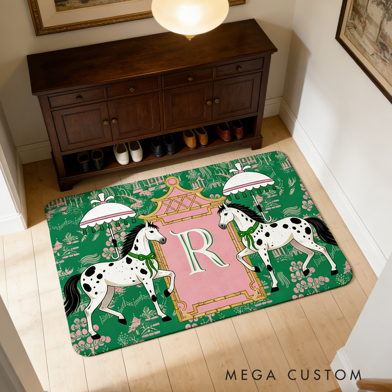 Personalized Horses Pagoda Chinoiserie Non Slip Door Mat with Initial Entryway Home Decor Housewarming Gift for Family for Riding Lovers Equestrian Lovers