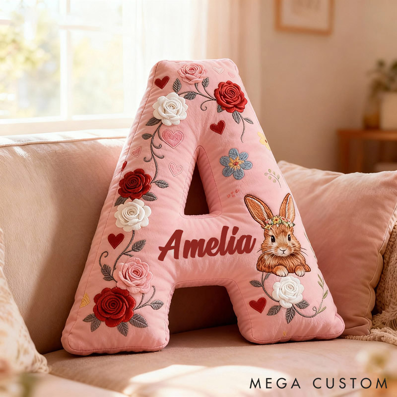 Personalized Girl friend Rose Pink 3D Printed Rabbit Pillow Custom Name Cushion Valentine's Gift for Her Christmas Gift for Flower girl