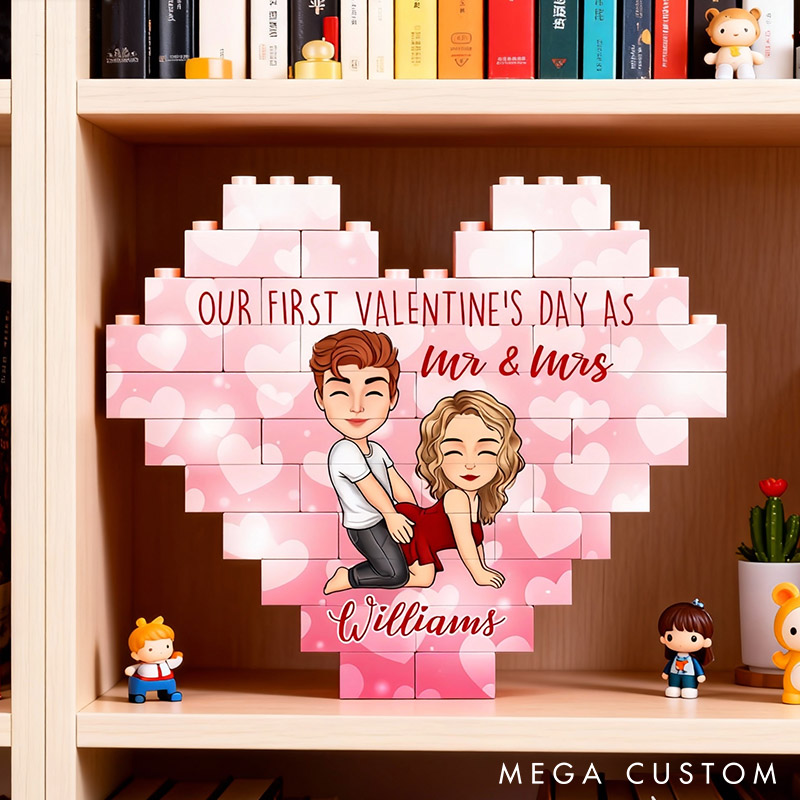 Personalized Valentine's Couple Heart Building Block Puzzle Custom Cartoon Couple Heart Plaque Valentine's Day Anniversary Gift for Couple